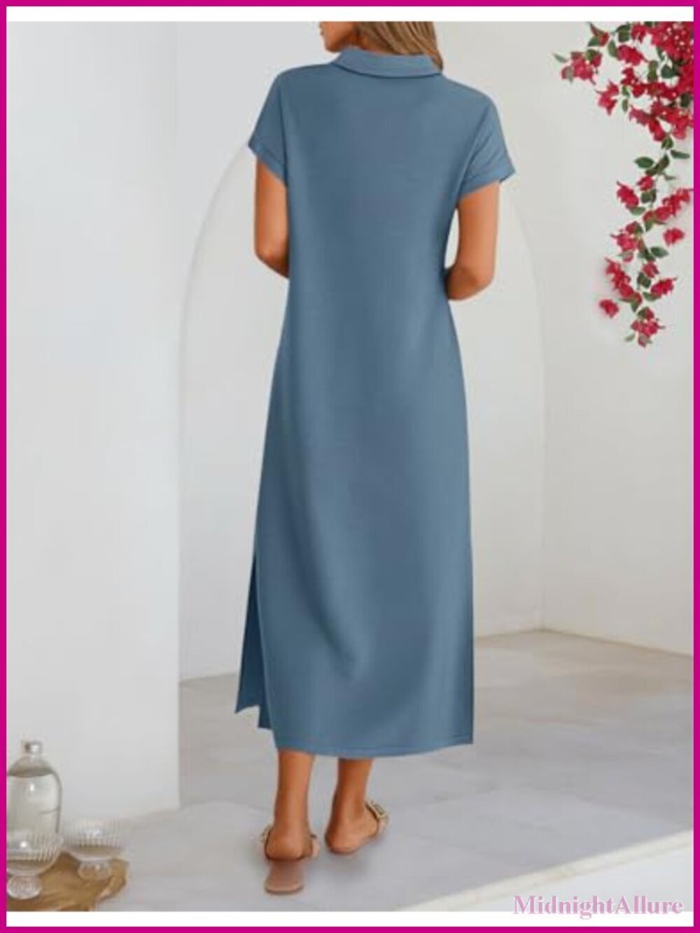 Women's Casual Maxi Dress V Neck Cap Sleeve Collared Beach Vacation T Shirt - Picture 3 of 6